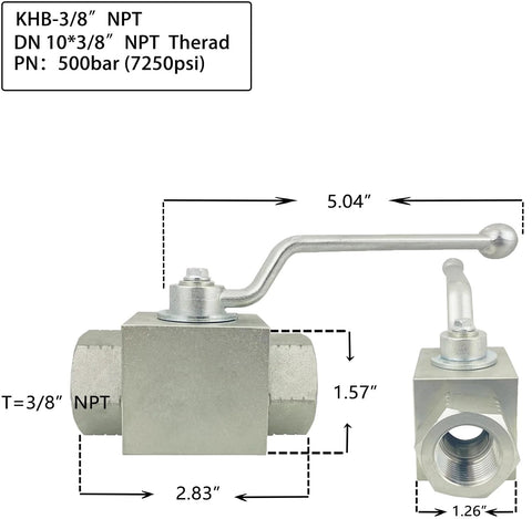 Autovo hydraulic ball valve, 3/8 in NPT, 7250 psi high-pressure, silver metal with L-shaped lever, 2-way shut-off