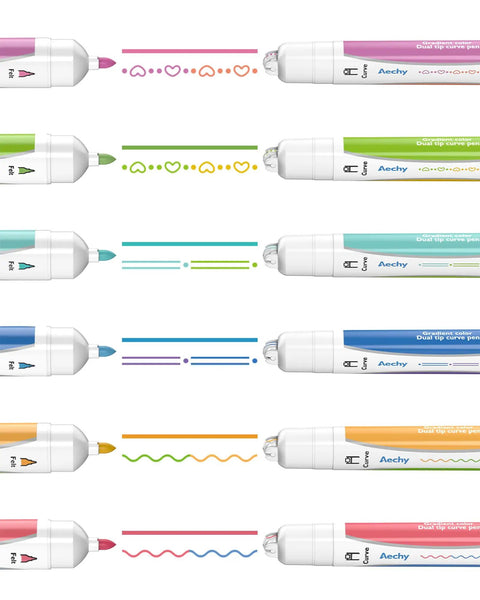 Dual Color Highlighter Pens Set With One Stroke Two Colors 6 Vibrant Inks 3 Curve Shapes Acid Free No Bleed Ideal For Note Taking