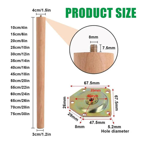 Beech Wood Table Legs Set Of 4 12 Inch 16 Inch 18 Inch Tapered Round Replacement Feet dimensions and mounting plate details