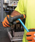 Person using Long Ball End Hex Key Wrench Set With T Handle in an electrical panel, wearing safety gloves, 22-piece SAE and Metric set.
