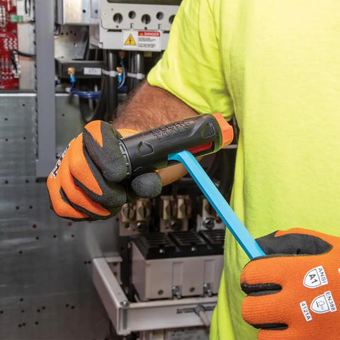 Person using Long Ball End Hex Key Wrench Set With T Handle in an electrical panel, wearing safety gloves, 22-piece SAE and Metric set.