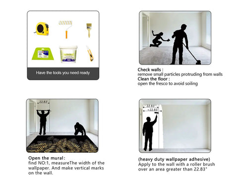 Installation instructions for Epic 3D Cave Ocean Landscape Wall Mural with tools and adhesive preparation.