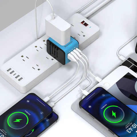 Worldwide Travel Adapter With 2.4 Amp USB Charging And 3 USB A Ports Plus USB C Fast Charge Universal Wall Charger in use.