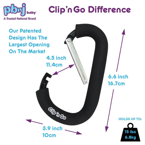 Extra Large Six Point Six Inch Carabiner Clips For Strollers Two Pack Heavy Duty Mommy Hook With Foam Handle, dimensions labeled