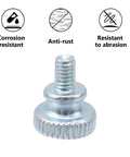 Close-up of M4x6mm thumb screw with flat knurling head, zinc plated carbon steel, labeled corrosion, rust, and abrasion resistant.