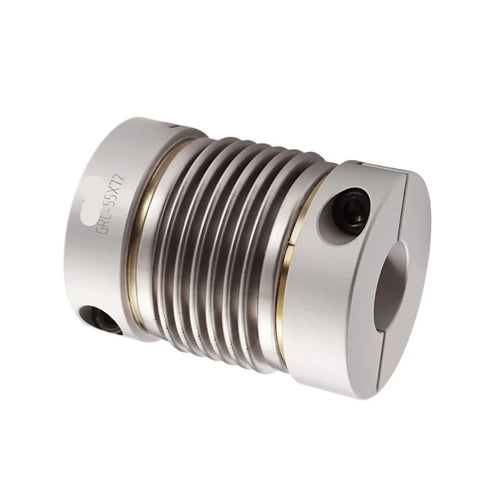 Premium GRC 55X72 Flexible Bellows Shaft Coupling with aluminum hubs, showcasing metal bellows design for precise applications.