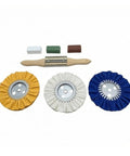 Premium 3pc Cloth Polishing Wheel Kit With Buffing Agent For Metal And Woodworkers, includes wheels and brush for polishing.