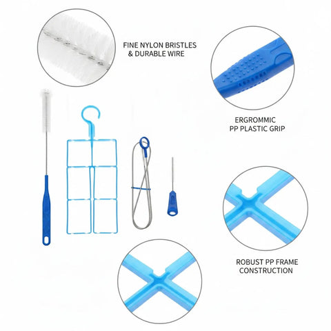 4-Piece Hydration Bladder Cleaning Brush Set For Water Reservoirs And Drinking Tubes Durable PP Plastic Cleaning Tools with nylon bristles and ergonomic grips.