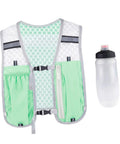 Front view of Hydration Vest Pack For Running And Outdoor Adventures, green with adjustable water reservoir, and bottle, lightweight design