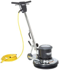 Corded Low Speed Floor Machine, 17 Inch Cleaning Path, Stainless Steel Construction, Heavy Duty 1.5 HP Motor, 50 Foot Safety Power Cord With GFCI Plug, Built Tough For Wet Floor Cleaning, shown from a slight side angle.