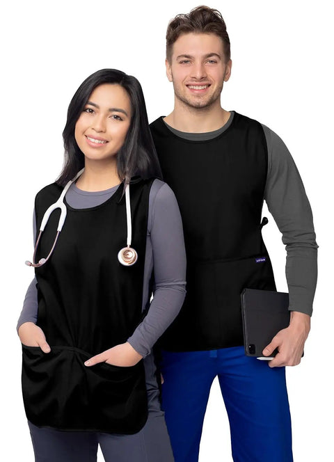 Unisex Cobbler Apron Set in Black 2 Pack, 27.5 Inch Length, Deep Front Pockets, Self Trim Binding, people wearing aprons.