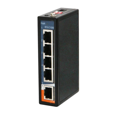 Industrial Grade Five Port Unmanaged Fast Ethernet Switch with 10/100Base-TX Ports and Store-And-Forward design, side view