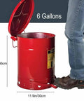 Heavy Duty Galvanized Steel Oily Waste Can Built Tough As Nails For Shop Use With Hands Free Kick Lever And Rust Proof Finish For Fire Safe Rag Pickup In Garages, 6 gallons capacity, opened lid.