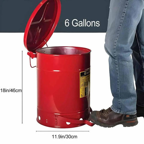Heavy Duty Galvanized Steel Oily Waste Can Built Tough As Nails For Shop Use With Hands Free Kick Lever And Rust Proof Finish For Fire Safe Rag Pickup In Garages, 6 gallons capacity, opened lid.