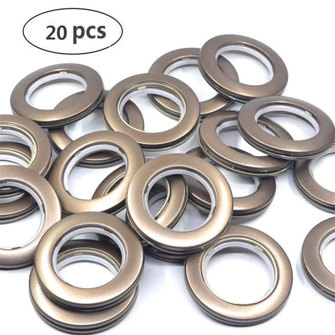 20 Pack Curtain Grommet Kit with 1.7 Inch Inner Diameter Silencer Sliding Brown ABS Grommets, reusable snap install, no tools needed