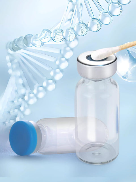 Two 15ml glass vials with sealed caps; sterile empty, one with blue cap.