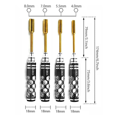 Four Piece Hex Nut Wrench And Socket Tool Kit For RC Models Durable Steel Construction With 4.0 5.5 7 And 8mm Wrenches