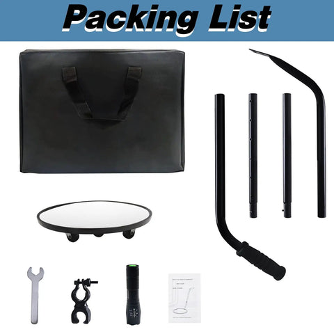 12 Inch LED Lighted Rolling Inspection Mirror With Wheels set includes LED mirror, telescopic rods, bag, flashlight, wrench.