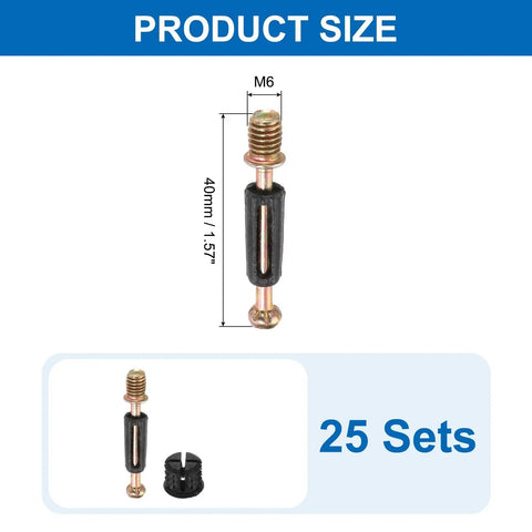 25 Pack Cam Lock Screws M6x40mm Cabinet Hardware Connectors Zinc Alloy Black Bolts showing size and design details.
