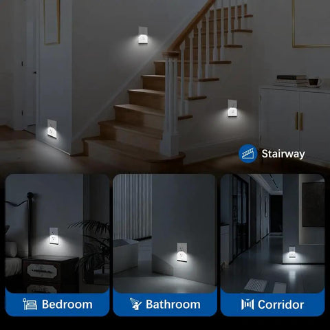 Top Shelf Electrical Outlet With Slick Led Night Light And Auto Dusk To Dawn Sensor Tamper Resistant Plug And Play Hassle Free Includes Matching Wall Plates Tough 15 Amp Pack Of Ten Crisp White in stairway, bedroom, bathroom, and corridor settings.