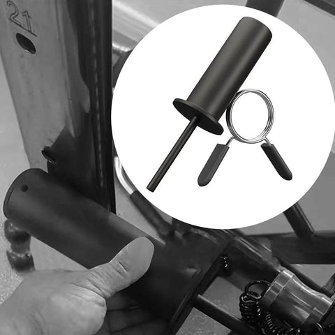 Adjustable Weight Stack Pin For Gym Machines And 2 Inch Barbell Plates, heavy-duty steel with spring clip, shown in use