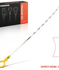 Engine Oil Dipstick For Chevrolet GMC Cadillac Vehicles Fits Silverado Tahoe Suburban Sierra Yukon XL Savana Escalade ESV EXT W62 Measuring Rod Dipstick Must Have with yellow handle and steel rod displayed next to packaging.
