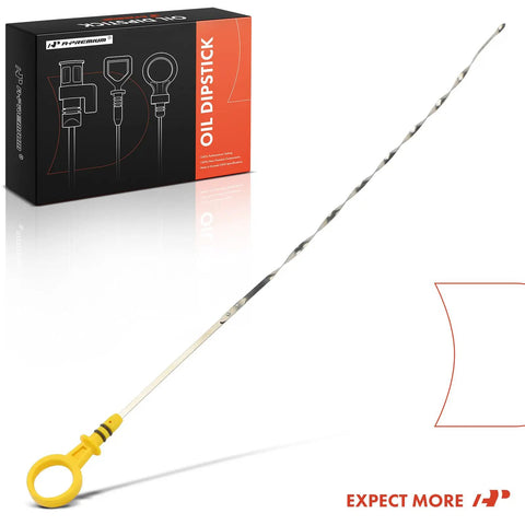 Engine Oil Dipstick For Chevrolet GMC Cadillac Vehicles Fits Silverado Tahoe Suburban Sierra Yukon XL Savana Escalade ESV EXT W62 Measuring Rod Dipstick Must Have with yellow handle and steel rod displayed next to packaging.