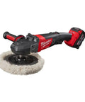 M18 Fuel 7 Variable Speed Cordless Polisher Kit Comes With Buffing Pads For Auto Detailing, featuring a red handle and wool buffing pad.