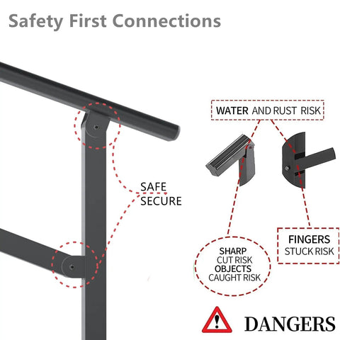 Close-up of Heavy Duty Two Pack Galvanized Steel Handrails For Outdoor Steps showing secure connection points and safety risks.