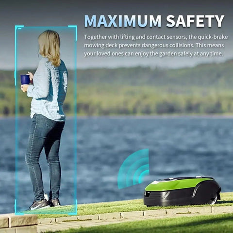 Smart Robot Lawn Mower With Auto Charging And App Control With Intelligent Navigation And Auto Scheduling 20 To 60mm Cutting Height 35 Percent Slope Tolerance IPX5 Waterproof Ultra Quiet For Lawns Up To 1500m2 operating safely near user
