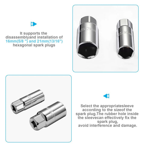 Close-up view of sockets for Three Piece Spark Plug Socket Wrench Set With T Handle Five Eighths Inch And Thirteen Sixteenths Inch Sockets