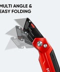 Heavy Duty Utility Knife Set Two Piece Box Cutter With Quick Open Button Lock Razor Knife in folded position, red handle
