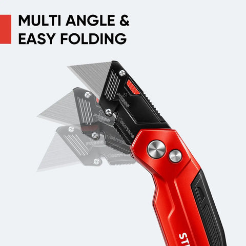 Heavy Duty Utility Knife Set Two Piece Box Cutter With Quick Open Button Lock Razor Knife in folded position, red handle