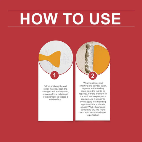 Instruction steps for using DIY Drywall Patch Kit For Quick Wall Hole Fix With Spackle And Spatula, Easy Plaster Repair To Banished Dents.