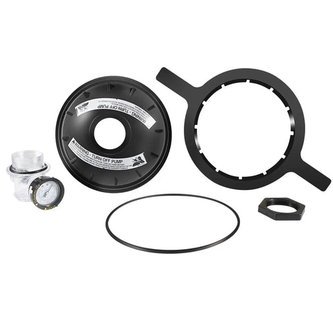 Eight Point Five Inch Black Buttress Thread Closure Kit Leak Free Replacement For Triton II TR100 TR140 TR100C TR140C And Triton C Three Pool And Spa Sand Filters Includes Air Relief Valve PSI Gauge Lid Wrench And O Rings, black lid and parts