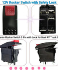 12V rocker switch with safety lock, 5-pin SPST, red actuator on black housing; front, back and side views.