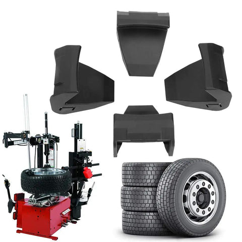 Universal Jaw Protectors Set For Tire Changers, 4 Pack Guard Covers To Prevent Wheel Scratches shown with tire machine and tires.