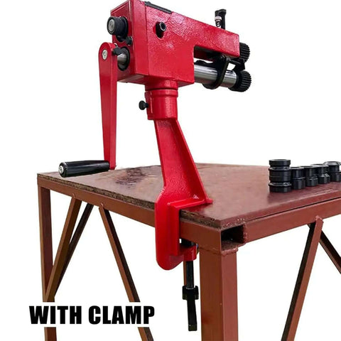 7 Inch Sheet Metal Bead Roller Kit With 6 Dies clamped on workbench, red cast-iron frame, showing rotary forming tool for metal shops