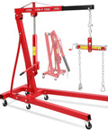Heavy Duty Folding Hydraulic Engine Hoist With Auto Leveler, 4400 Lbs Portable Cherry Picker with telescopic boom and swivel casters.