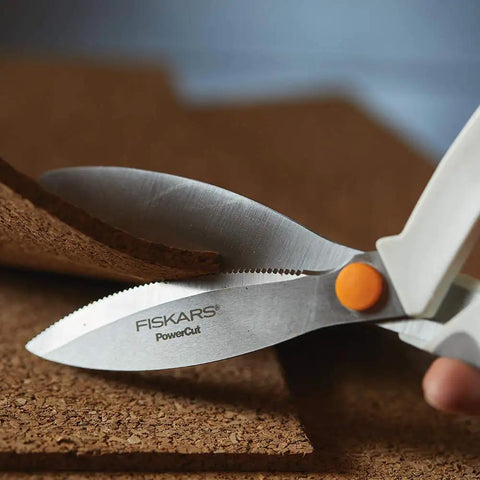 PowerCut SoftGrip Fabric And Mixed Media Scissors Built Tough For Crafting 8 Inch Heavy Duty Serrated Blade That Slices Fabric Cardboard Cork Foam And More With Precision Curved Edge, cutting cork