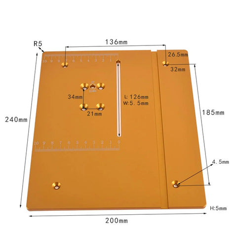 Kickass Aluminum Router Table Insert Plate And Slick T Slot Mounting for Heavy Duty Woodworking with measurements and markings.