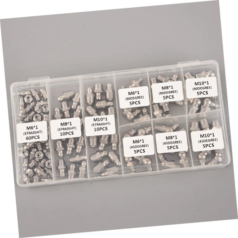 Grease Fitting Kit with Straight Nozzles Nickel Coated Zerk Fittings Assortment for Bearings and Components Easy Install