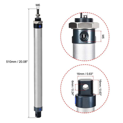 16mm Bore Pneumatic Air Cylinder With 400mm Stroke M6 Piston Rod Thread M5 Rod Female Thread Single Rod Double Acting Built Tough Aluminum Alloy Build Heavy Duty Industrial Pneumatic Cylinder, 400mm stroke