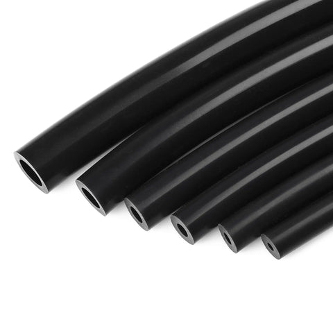 Various sizes of black hoses from Go-To Silicone Vacuum Hose Kit 6 Pack With 5ft Tubing In 1/8 To 3/8 Inch Diameters And 113 Nylon Connectors.