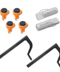 Rock Solid Workbench Clamp Set For Woodworking Holds Your Boards Tight Includes Two 8 Inch Hold Fast Two Three Quarter Inch Square Clamps And Four Deluxe Bench Dogs For Pro Shop Setup with orange holdfasts and black handles