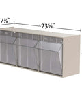 TiltView Plastic Storage Cabinet With 3 Tilt Out Bins, a handy grab and go parts organizer with measurements shown