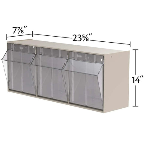 TiltView Plastic Storage Cabinet With 3 Tilt Out Bins, a handy grab and go parts organizer with measurements shown