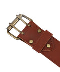 Close-up of brown leather double prong buckle of Adjustable Tool Belt With Hammer Hatchet Holder And Drill Holster For Tape Measure