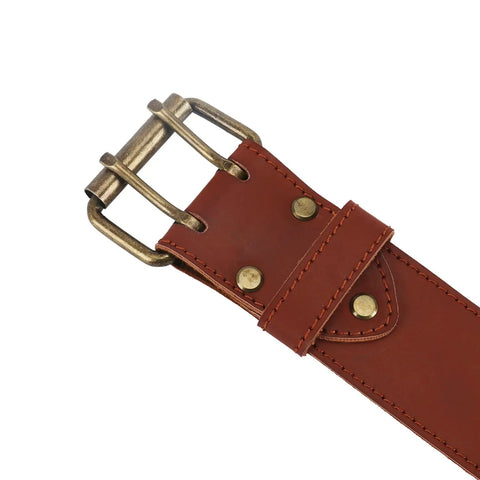 Close-up of brown leather double prong buckle of Adjustable Tool Belt With Hammer Hatchet Holder And Drill Holster For Tape Measure