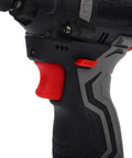 Close-up of Heavy Hitter Cordless Drill Set Featuring Variable Speed Settings and Knockout Torque Engine handle grip with red accents.